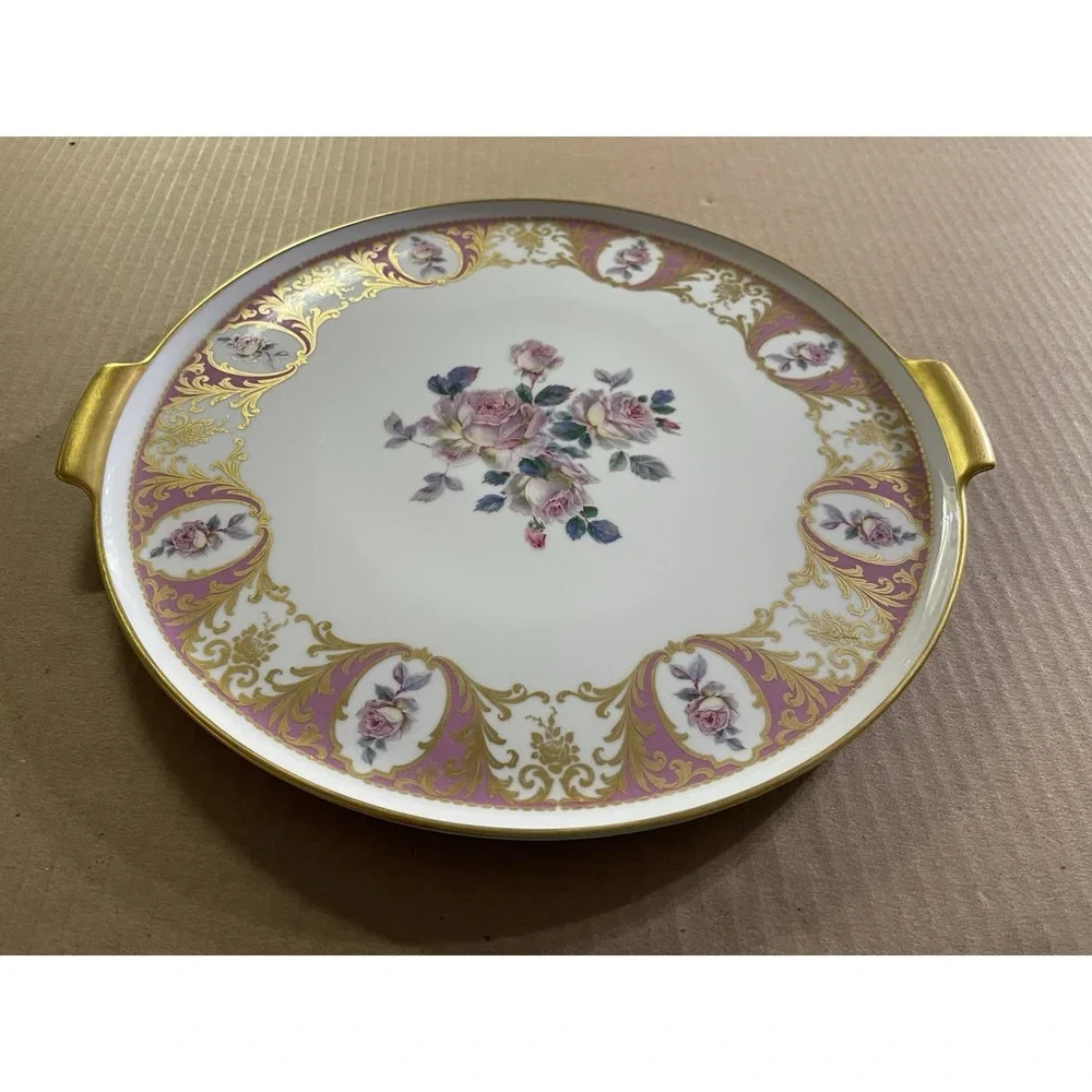 Kaiser Porcelain W. Germany 13.75″‎ Handled Charger/Tray – Pink Roses, Gold Trim